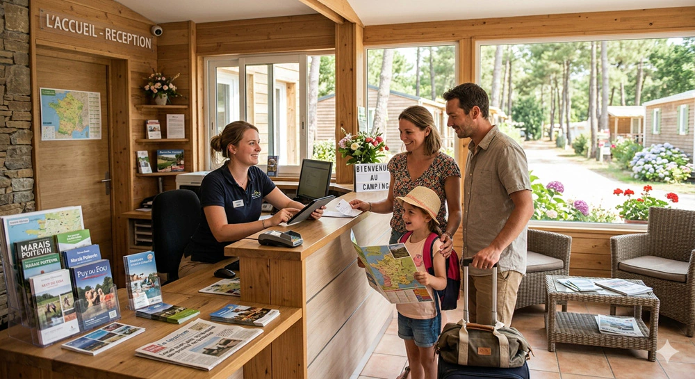 Réception d'un camping familial à taille humaine en Vendée : une famille avec enfant est accueillie chaleureusement par la réceptionniste