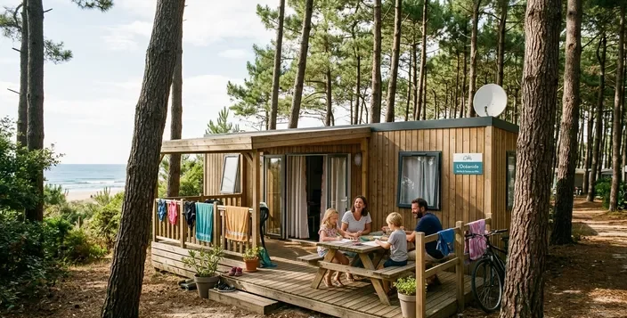 Une famille profite d'un déjeuner paisible sur la terrasse boisée d'un mobil-home niché dans une forêt de pins en bord de mer, emblématique du slow tourisme vendéen.