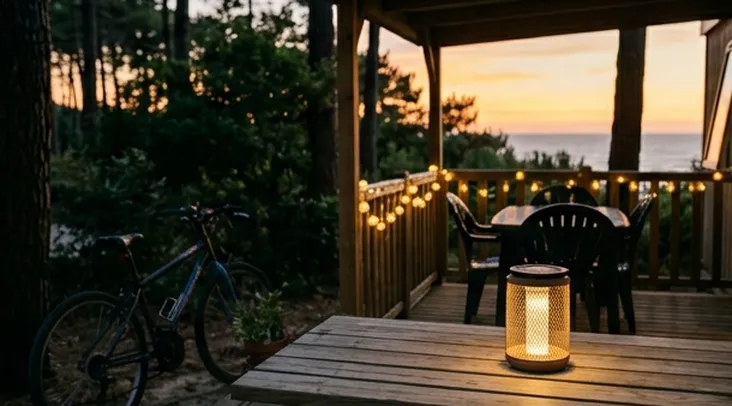 Ambiance feutrée en soirée sur la terrasse d'un camping haut de gamme en Vendée, décorée de guirlandes lumineuses avec vue sur le coucher de soleil et l'océan Atlantique.