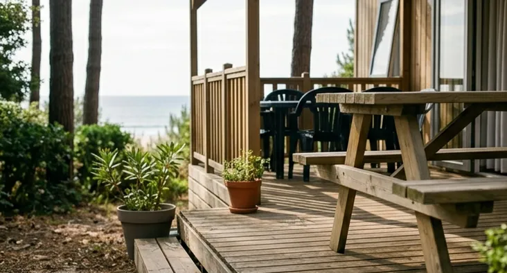 Terrasse de mobil-home avec table de pique-nique en bois offrant une vue dégagée sur l'océan à travers les pins maritimes, idéale pour des vacances reposantes sur le littoral vendéen.