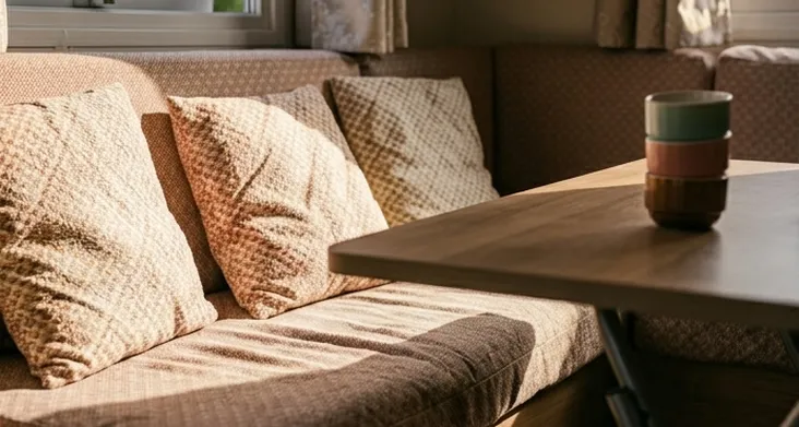 mobil home intérieur cosy pour lire et se détendre en vendée