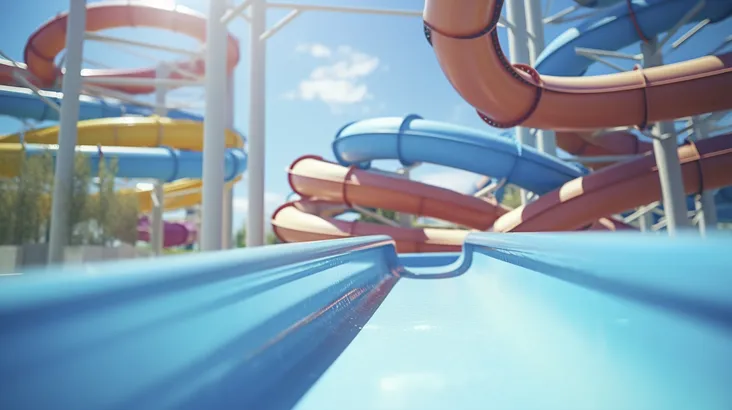 Vue subjective depuis le haut d'un toboggan aquatique bleu, montrant une longue descente sinueuse vers l'eau au cœur du parc aquatique d'un camping en Vendée.